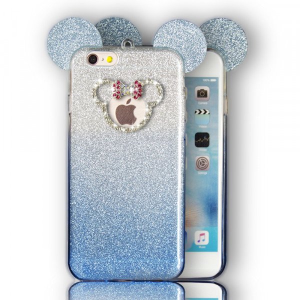 Wholesale iPhone 7 Plus Minnie Bow Diamond Glitter Necklace Strap Case (Blue)